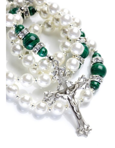 Freshwater Pearls, Deep Green Malachite, Strass rings. Sterling Silver.