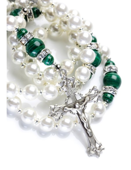 Freshwater Pearls, Deep Green Malachite, Strass rings. Sterling Silver. Freshwater Pearls, Deep Green Malachite, Strass rings. Sterling Silver.