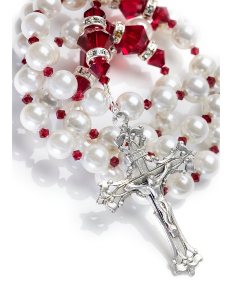 Freshwater Pearls, Siam Red Swarovski Crystals, Strass rings. Sterling Silver.