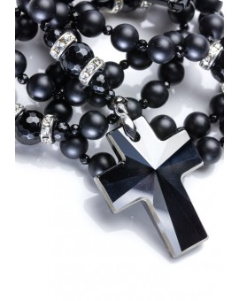 Total Black matte Onyx, Faceted Glossy Onyx, strass rings, Swarovski Crucifix