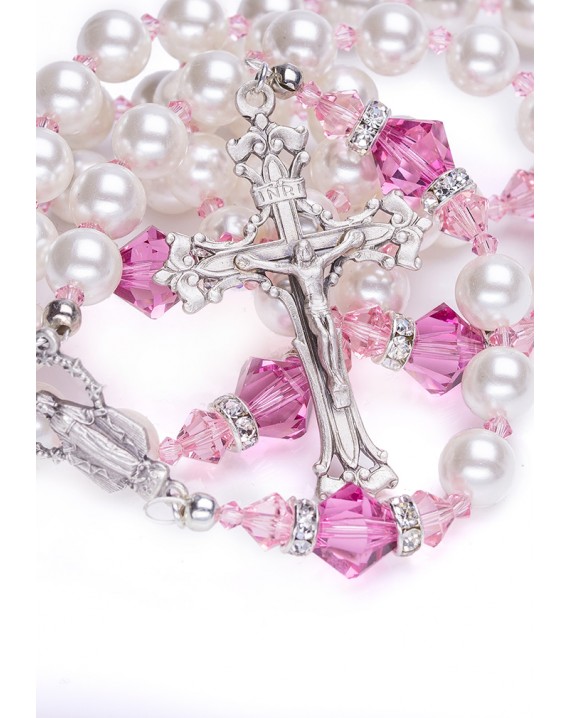 Freshwater Pearls, Pink Swarovski Crystals, Strass rings. Sterling Silver.