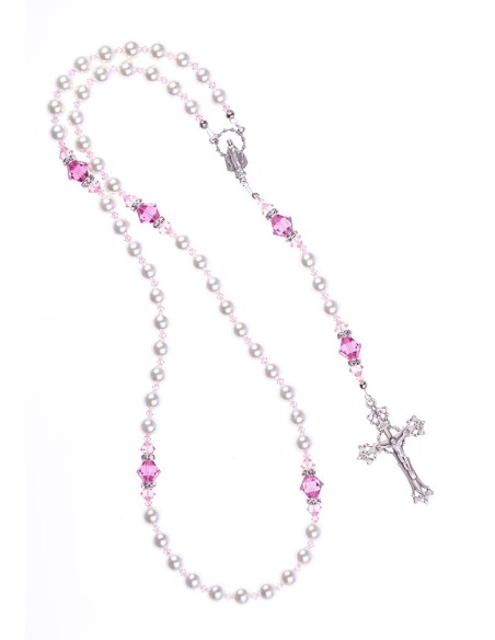 Freshwater Pearls, Pink Swarovski Crystals, Strass rings. Sterling Silver.