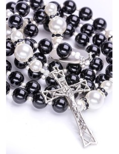 Black Onyx, Freshwater White Pearls, Sterling Silver 925 precious Crucifix and Center Black Onyx, Freshwater White Pearls, Sterling Silver 925 precious Crucifix and Center