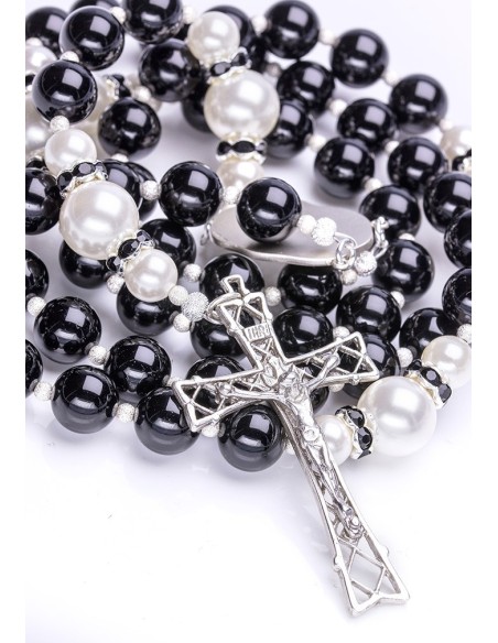 Black Onyx, Freshwater White Pearls, Sterling Silver 925 precious Crucifix and Center Black Onyx, Freshwater White Pearls, Sterling Silver 925 precious Crucifix and Center