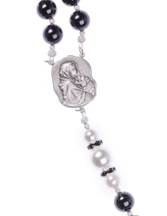 Black Onyx, Freshwater White Pearls, Sterling Silver 925 precious Crucifix and Center