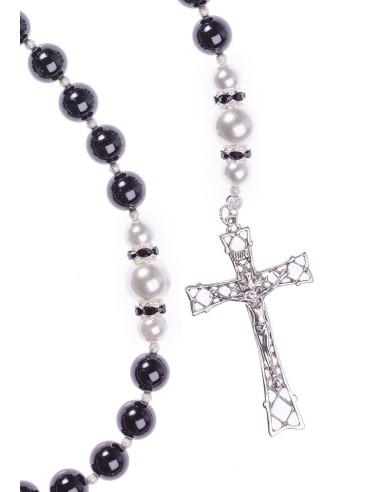 Black Onyx, Freshwater White Pearls, Sterling Silver 925 precious Crucifix and Center