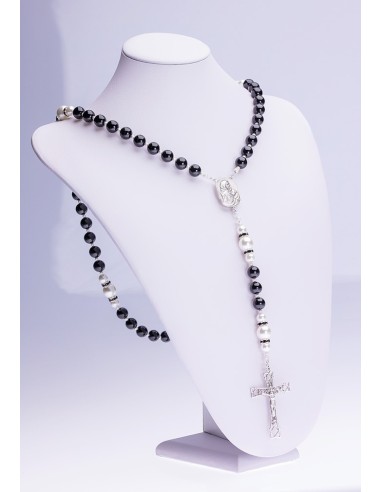 Black Onyx, Freshwater White Pearls, Sterling Silver 925 precious Crucifix and Center