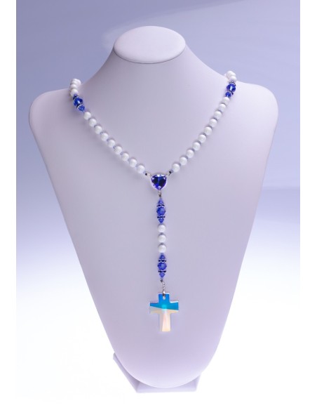 Sapphire Swarovski Crystals and White Shell Rosary  Sapphire Swarovski Crystals and White Shell Rosary