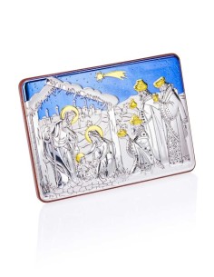 Handpainted Silver Nativity scene with blue sky