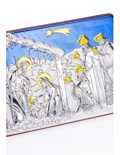 Handpainted Silver Nativity scene with blue sky