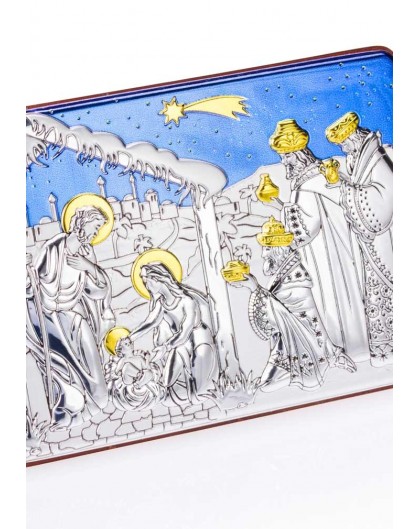 Handpainted Silver Nativity scene with blue sky
