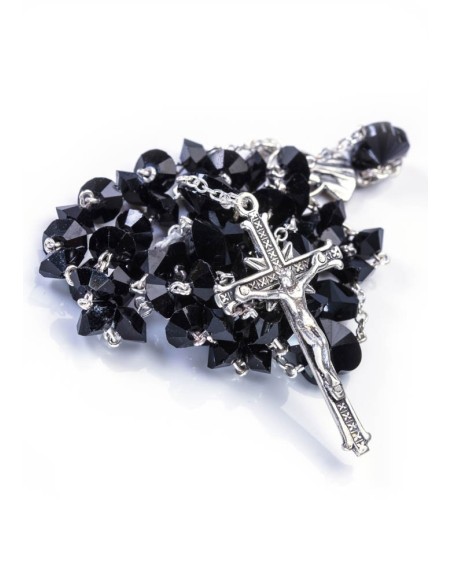 Black Crystal hearts Rosary - Sterling Silver