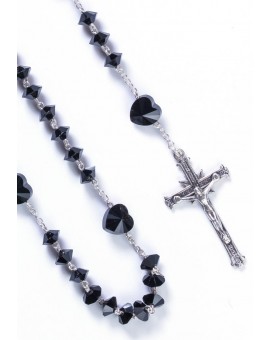 Black Crystal hearts Rosary - Sterling Silver