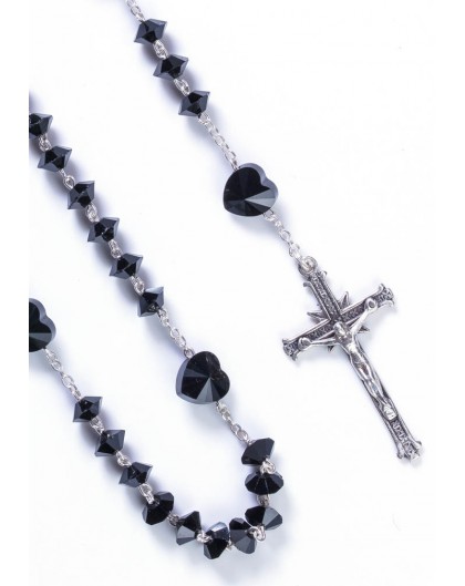 Black Crystal hearts Rosary - Sterling Silver