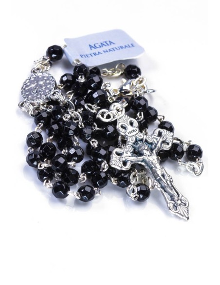 Black Faceted Agate Rosary Necklace Black Faceted Agate Rosary Necklace