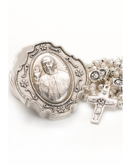 Pope Francis Rosary with Rosary Box - Silver