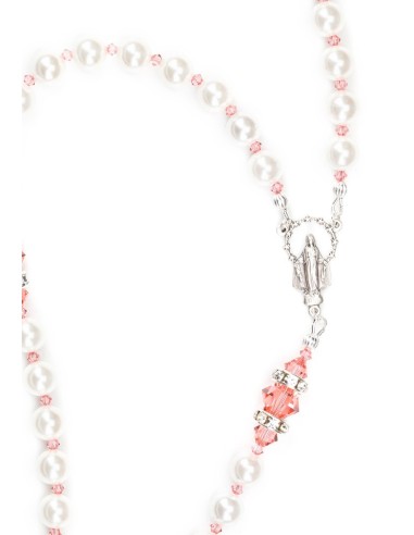 Ancient Rose and white Swarovski Pearls Rosary - White Strass