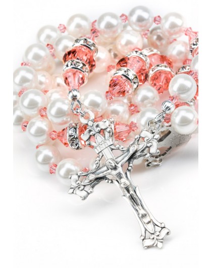 Ancient Rose and white Swarovski Pearls Rosary - White Strass