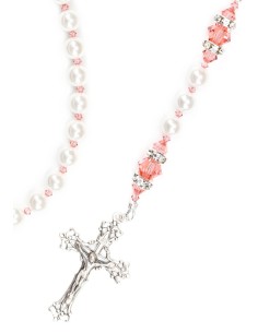 Ancient Rose and white Swarovski Pearls Rosary - White Strass