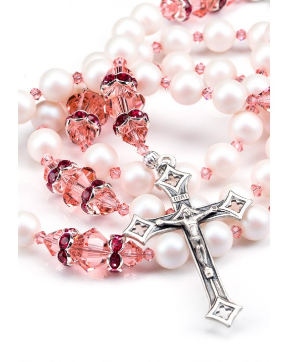 Ancient Rose and Satin Swarovski Pearls Rosary - Red Strass