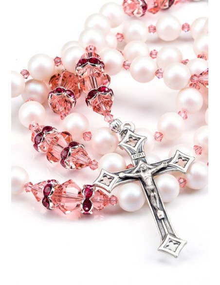 Ancient Rose and Satin Swarovski Pearls Rosary - Red Strass Ancient Rose and Satin Swarovski Pearls Rosary - Red Strass