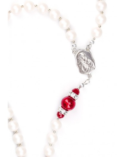 Deep Red and Satin Swarovski Pearls Rosary - Silver Spacer