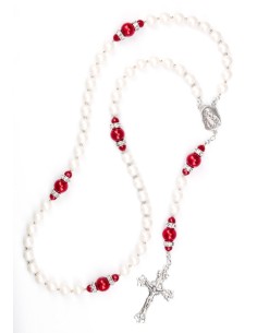 Deep Red and Satin Swarovski Pearls Rosary - Silver Spacer