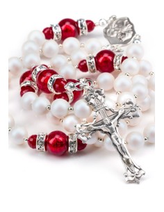 Deep Red and Satin Swarovski Pearls Rosary - Silver Spacer