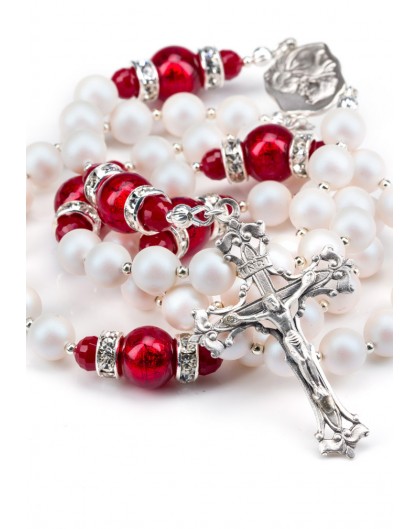 Deep Red and Satin Swarovski Pearls Rosary - Silver Spacer