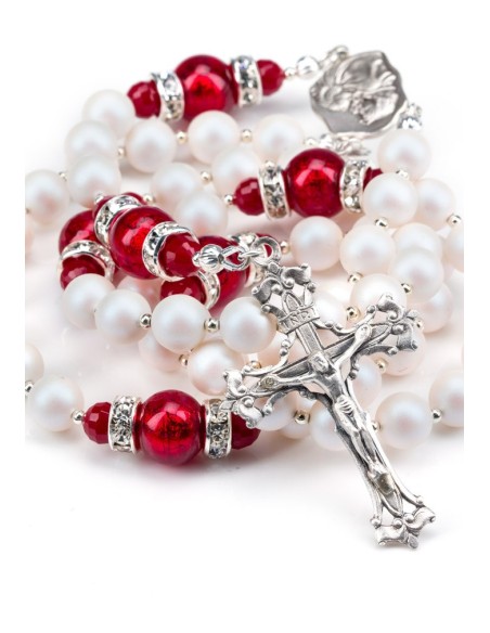 Deep Red and Satin Swarovski Pearls Rosary - Silver Spacer Deep Red and Satin Swarovski Pearls Rosary - Silver Spacer