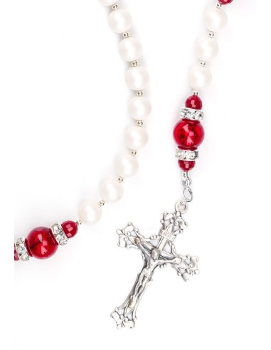 Deep Red and Satin Swarovski Pearls Rosary - Silver Spacer