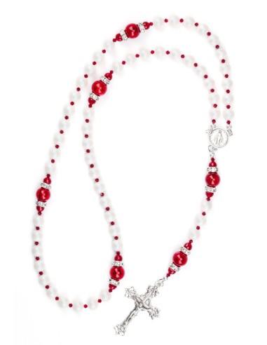 Deep Red and Satin Swarovski Pearls Rosary - Red Spacer Deep Red and Satin Swarovski Pearls Rosary - Red Spacer
