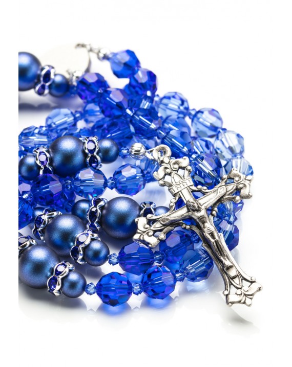 Shade of Blue Swarovski Crystals and Dark Blue Pearls Rosary