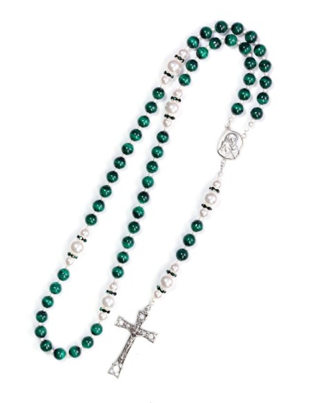 Malachite,  Pearls, Sterling Silver 925 Precious Crucifix And Center  | Vatican Gift