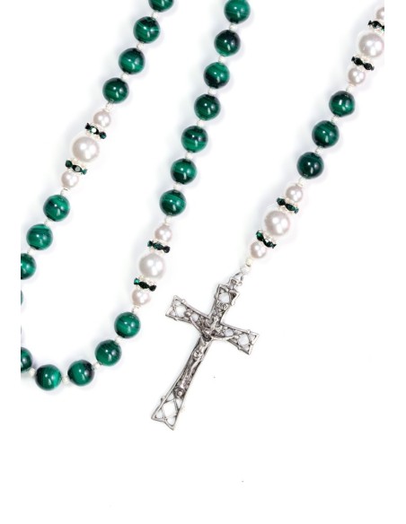 Malachite,  Pearls, Sterling Silver 925 Precious Crucifix And Center  | Vatican Gift