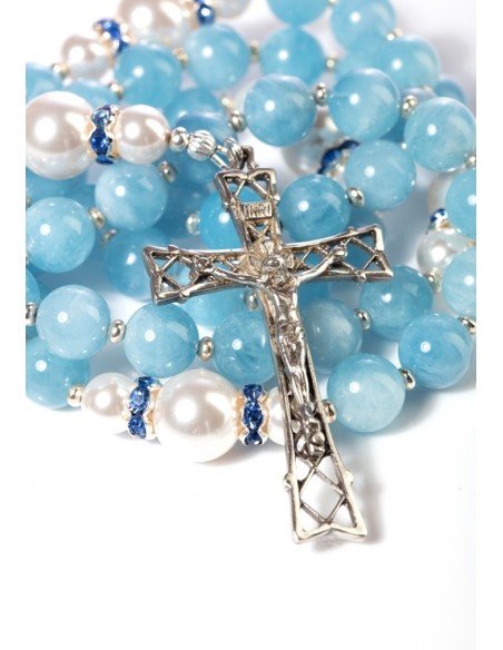 Aquamarine,  Pearls, Sterling Silver 925 Precious Crucifix And Center  | Vatican Gift Aquamarine,  Pearls, Sterling Silver 925 Precious Crucifix And Center  | Vatican Gift
