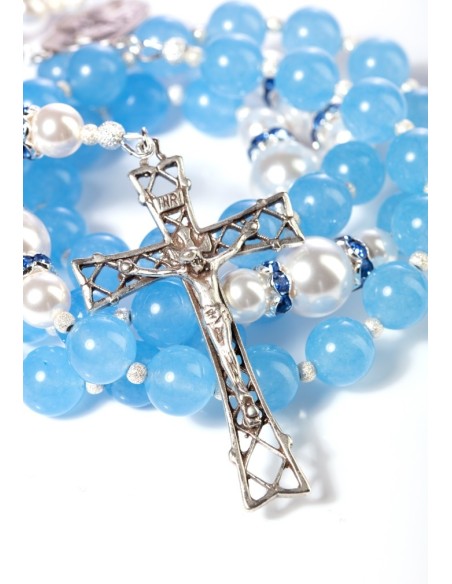 Sky Blue Jade,  Pearls, Sterling Silver 925 Precious Crucifix And Center  | Vatican Gift