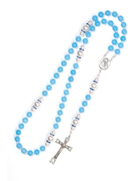 Sky Blue Jade,  Pearls, Sterling Silver 925 Precious Crucifix And Center  | Vatican Gift
