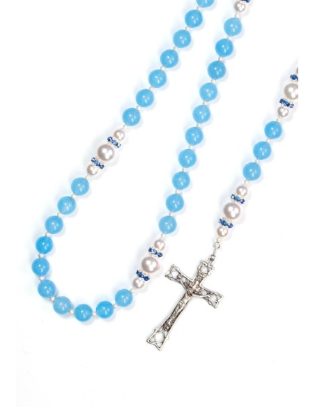 Sky Blue Jade,  Pearls, Sterling Silver 925 Precious Crucifix And Center  | Vatican Gift