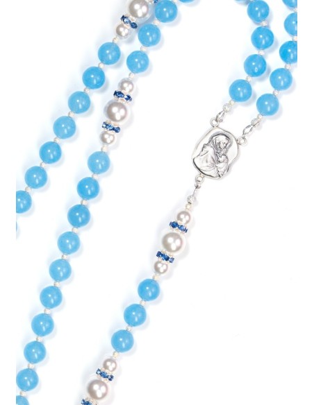 Sky Blue Jade,  Pearls, Sterling Silver 925 Precious Crucifix And Center  | Vatican Gift