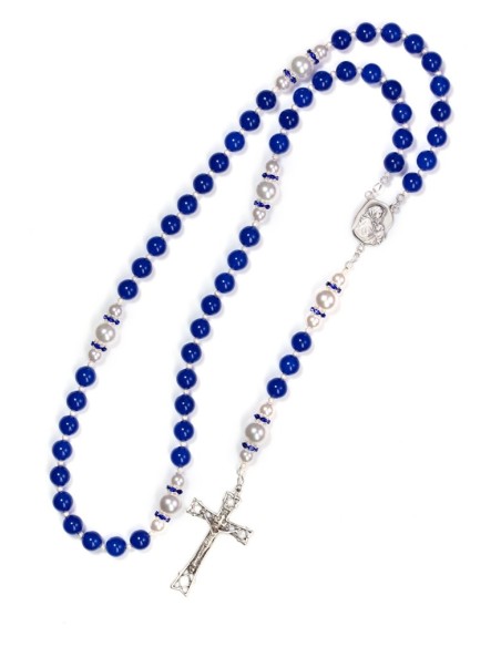 Deep Blue Jade,  Pearls, Sterling Silver Precious Crucifix And Center  | Vatican Gift