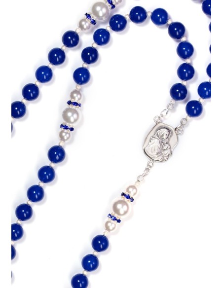 Deep Blue Jade,  Pearls, Sterling Silver Precious Crucifix And Center  | Vatican Gift