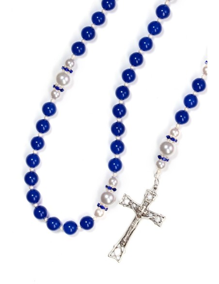 Deep Blue Jade,  Pearls, Sterling Silver Precious Crucifix And Center  | Vatican Gift