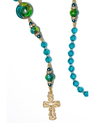 Bluish Green  Crystals And Murano Glass Rosary Necklace  | Vatican Gift