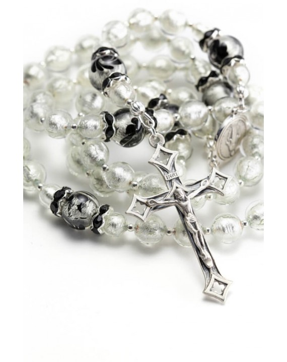 Silver White Black Flower Rosary