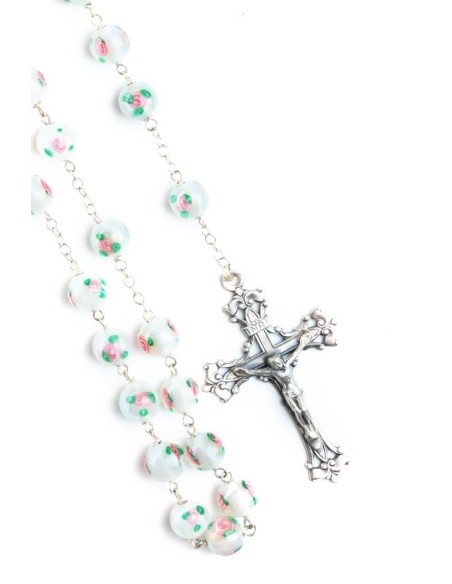 Pale White and rose Murano Glass Rosary Big - Baroque Crucifix  | Vatican Gift Pale White and rose Murano Glass Rosary Big - Baroque Crucifix  | Vatican Gift