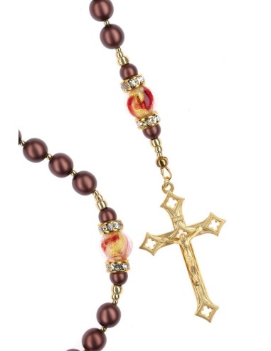 Gold Plated Sterling Silver Brown Satin Pearls Murano Glass Rosary
