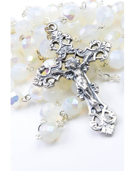 Faceted White Glass Rosary 8mm