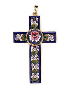 Blue Micromosaic Floral Cross Pendant