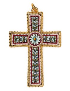 White Red Micromosaic Floral Cross Pendant